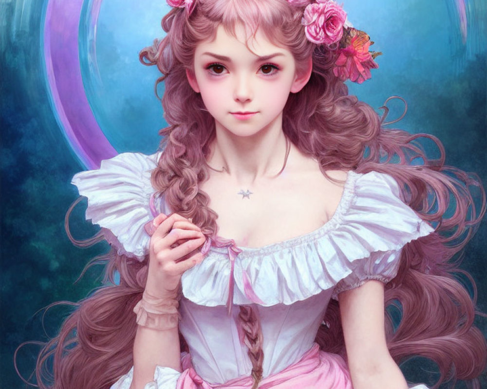 Detailed digital art of young girl with flowing hair and pink roses in fantasy setting.