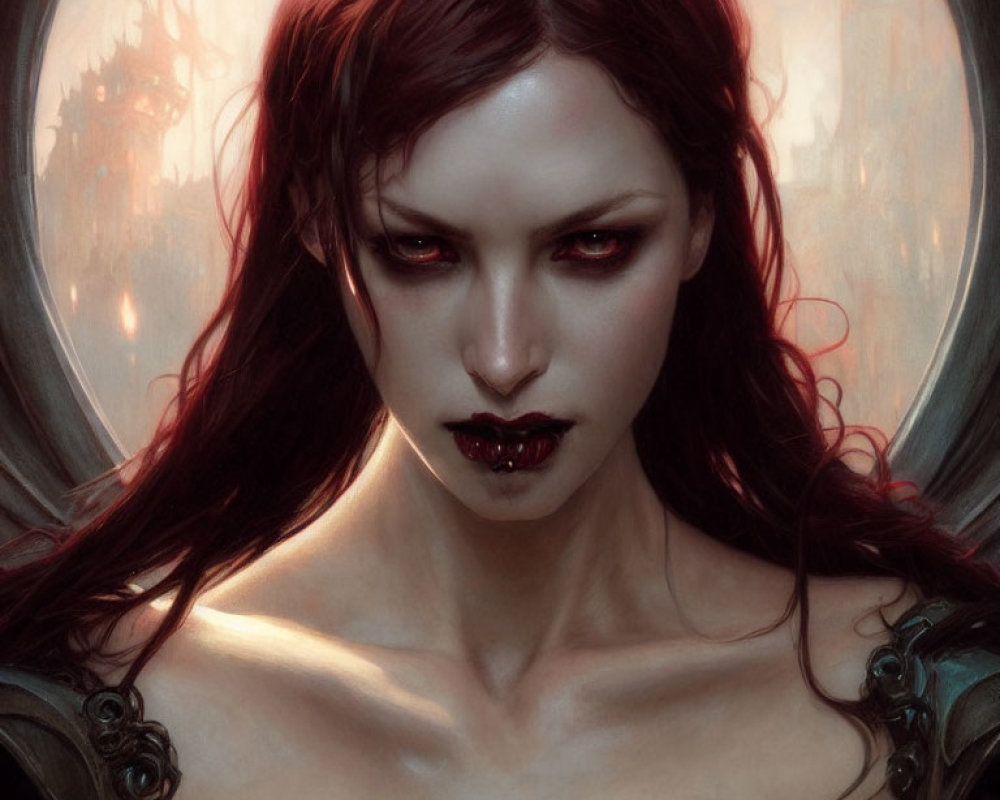 Gothic vampire woman with red eyes and red hair in castle setting