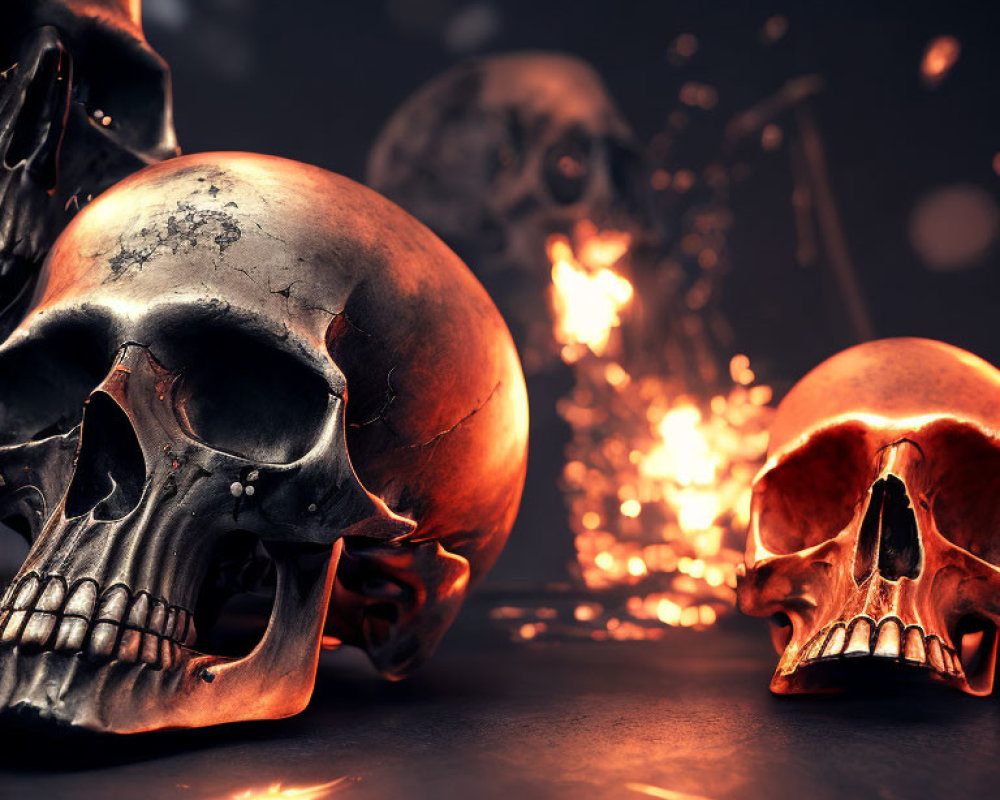 Three metallic skulls on dark surface with glowing ember-like effect in background