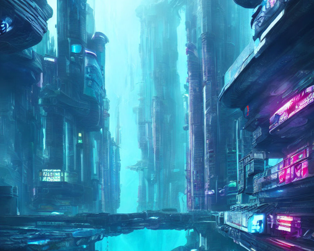Futuristic cityscape with neon-lit skyscrapers reflected in water