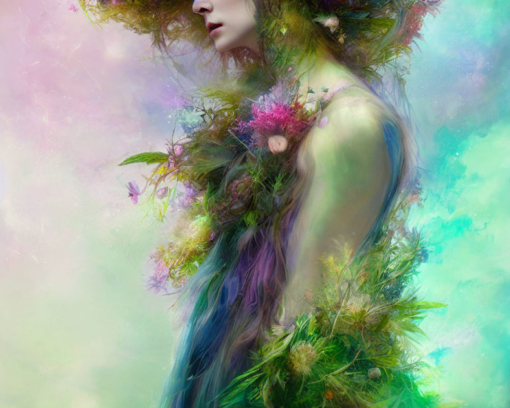 Woman with Flora-Infused Hair and Body: Ethereal Fusion of Human and Nature