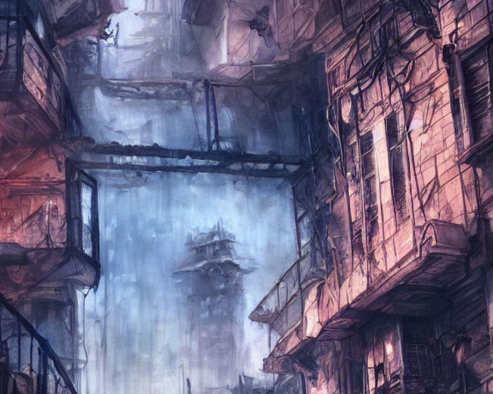 Dystopian alleyway with dilapidated buildings and misty backdrop