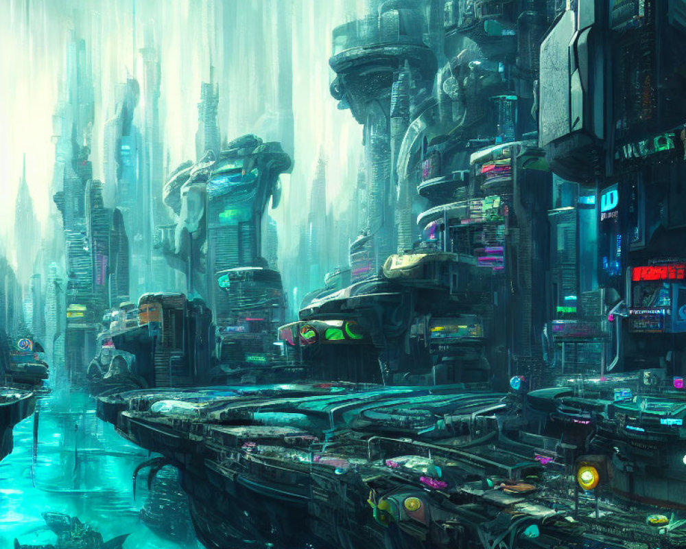 Futuristic cityscape with towering buildings, heavy rainfall, neon signs, flying vehicles, and marine