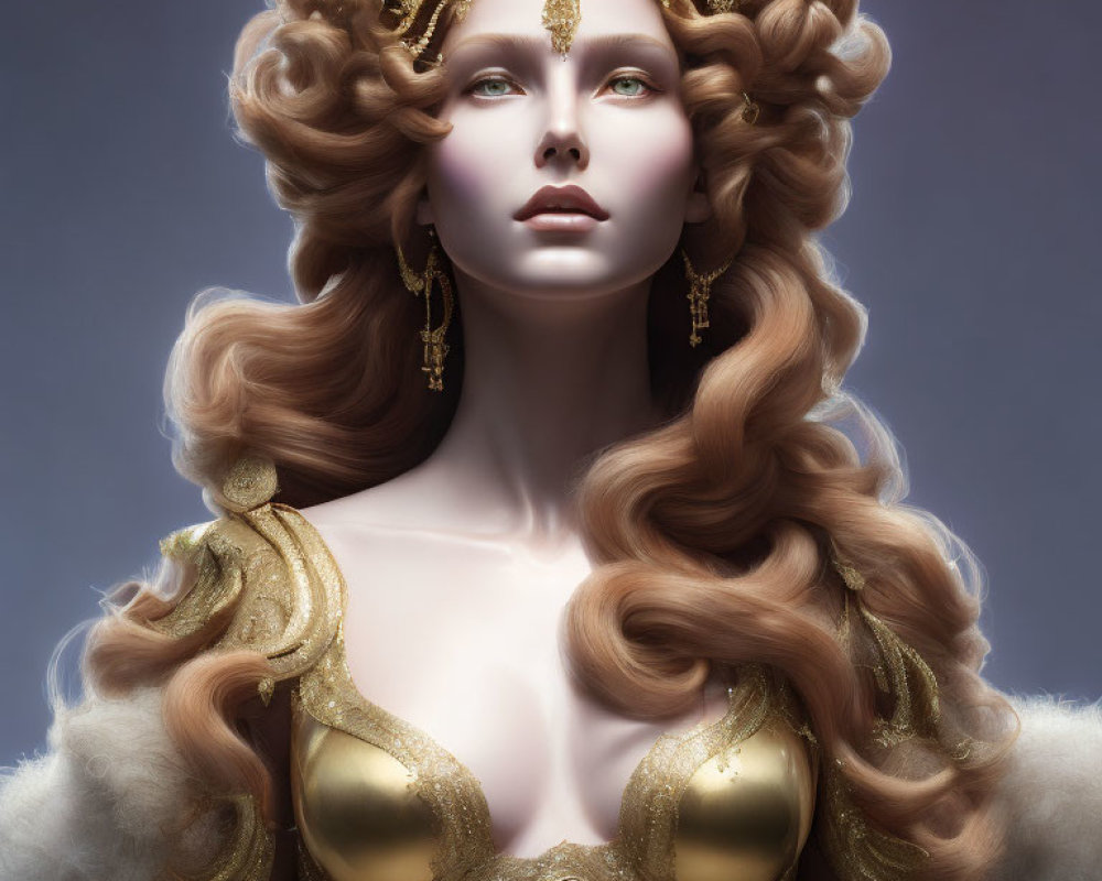 Baroque-inspired woman with voluminous curly hair and golden accessories.