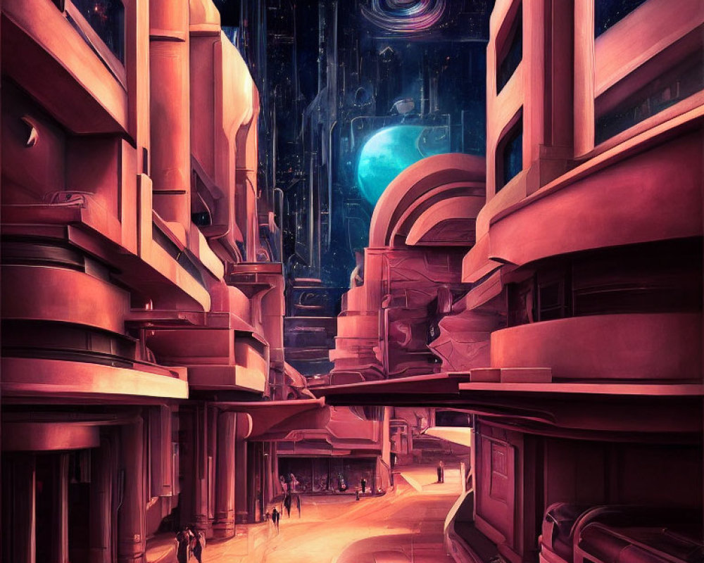 Futuristic cityscape with rose-hued buildings, blue planet, and black hole