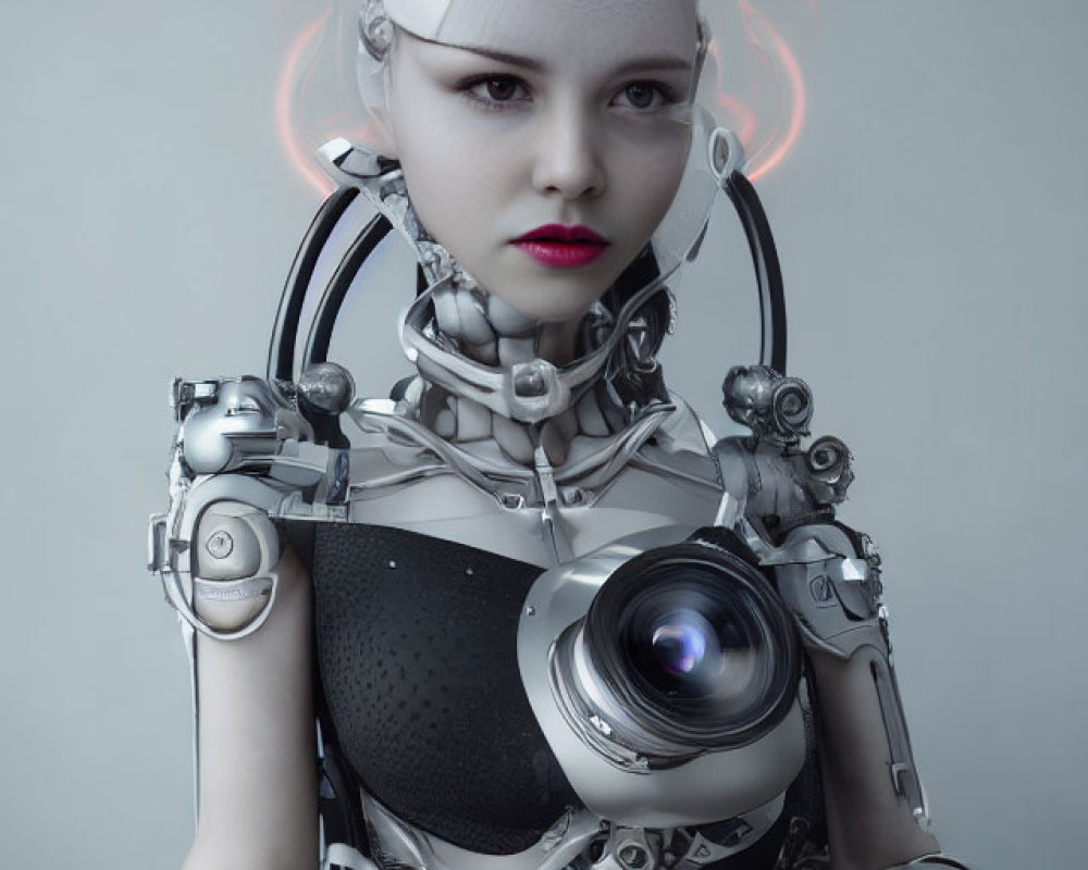 Female android with camera lens eye and glowing halo headgear on plain background