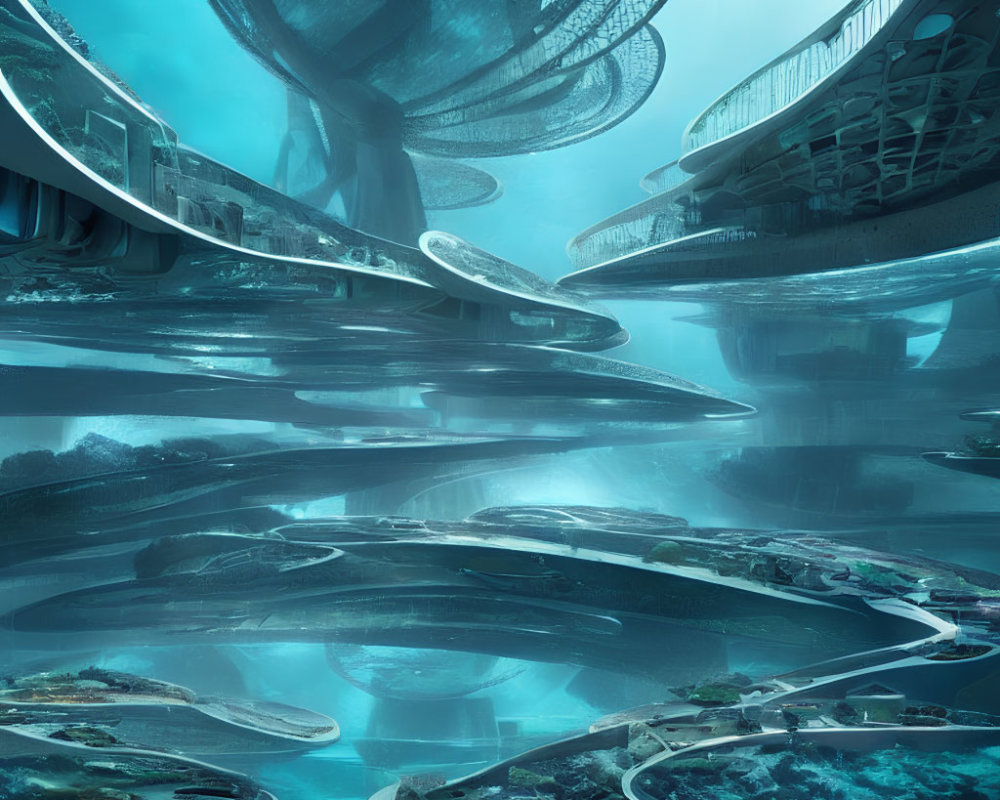Futuristic underwater city with layered architecture and domes, surrounded by marine life