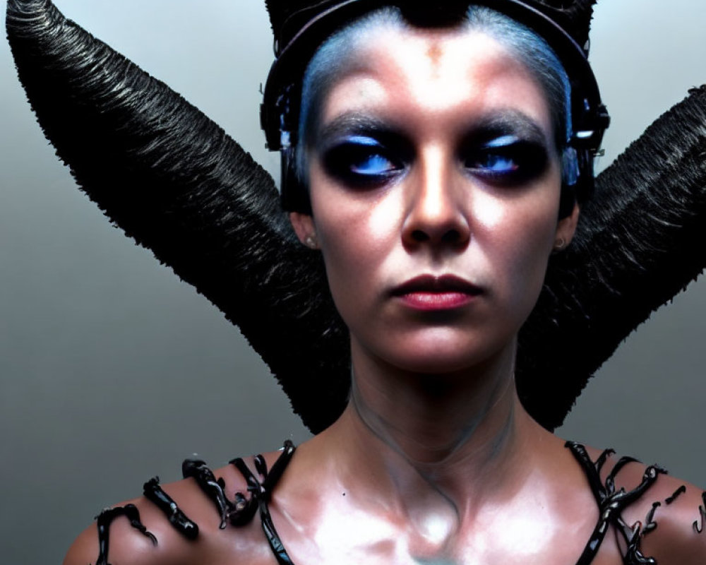 Dark dramatic makeup with futuristic horn-like headpiece.