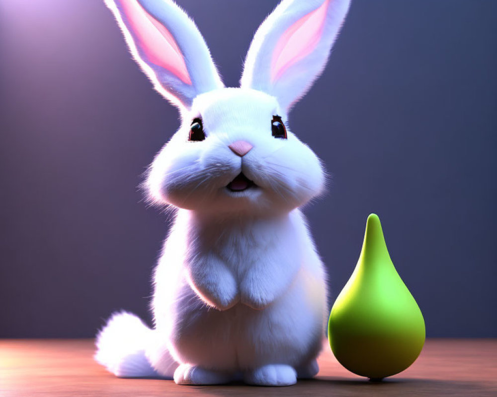 White CGI Rabbit with Green Pear on Wooden Surface