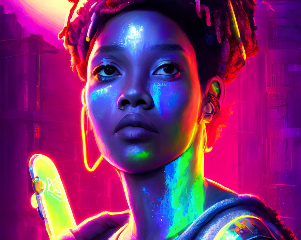 Colorful digital portrait with neon lights reflecting on person's face and urban background
