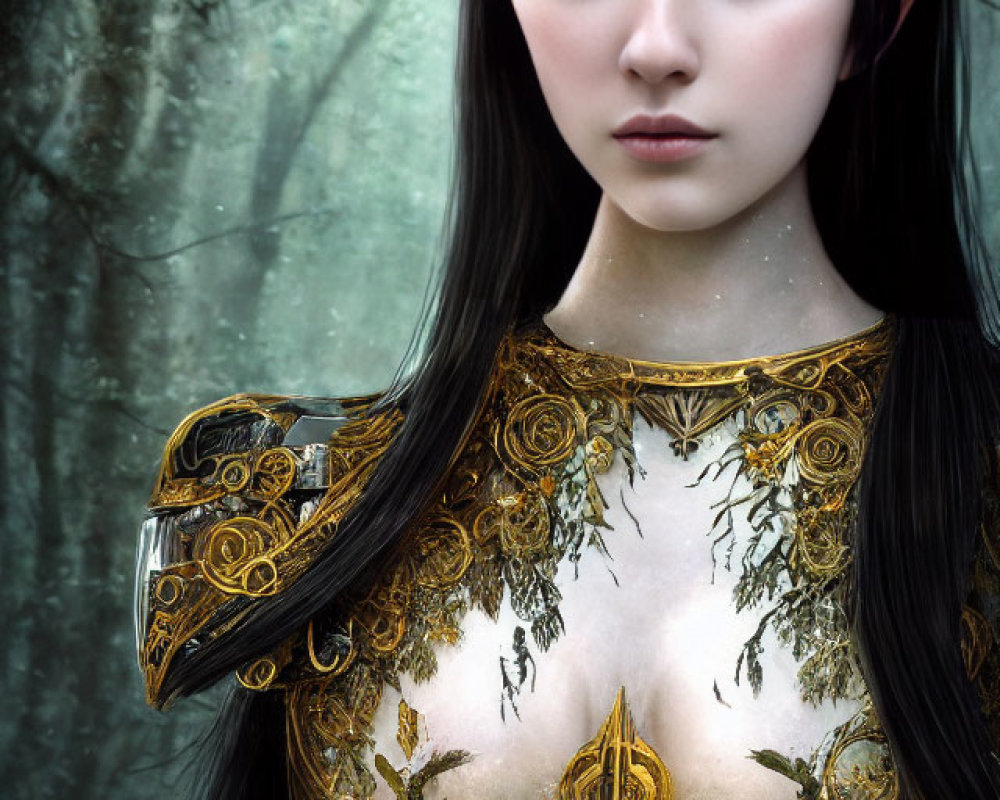 Elven woman in mystical crown and golden armor in misty forest