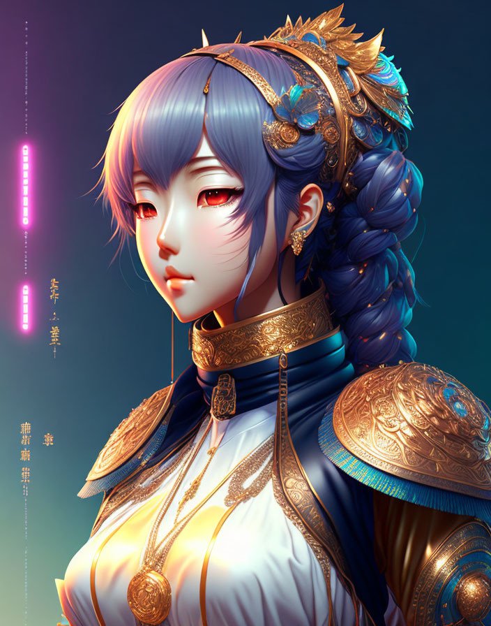 Illustrated female character with blue hair, gold jewelry, and detailed armor on dark background with pink symbols