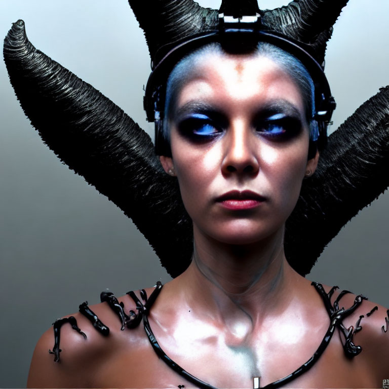 Dark dramatic makeup with futuristic horn-like headpiece.