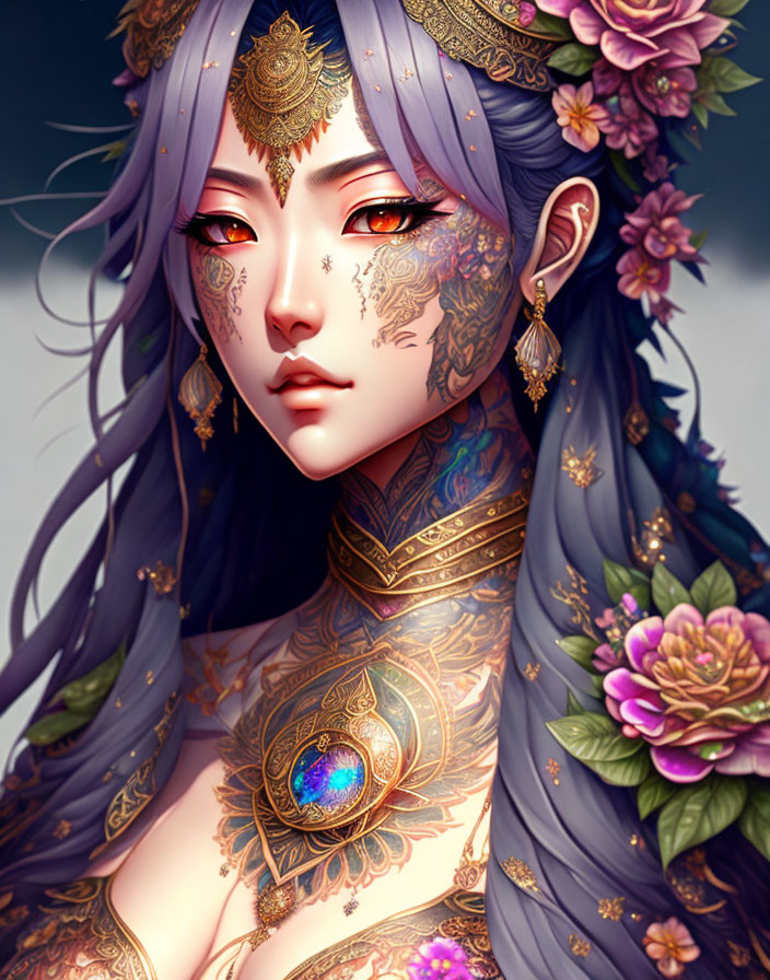 Illustrated female figure with purple hair, floral adornments, tattoos, and gemstone chest feature
