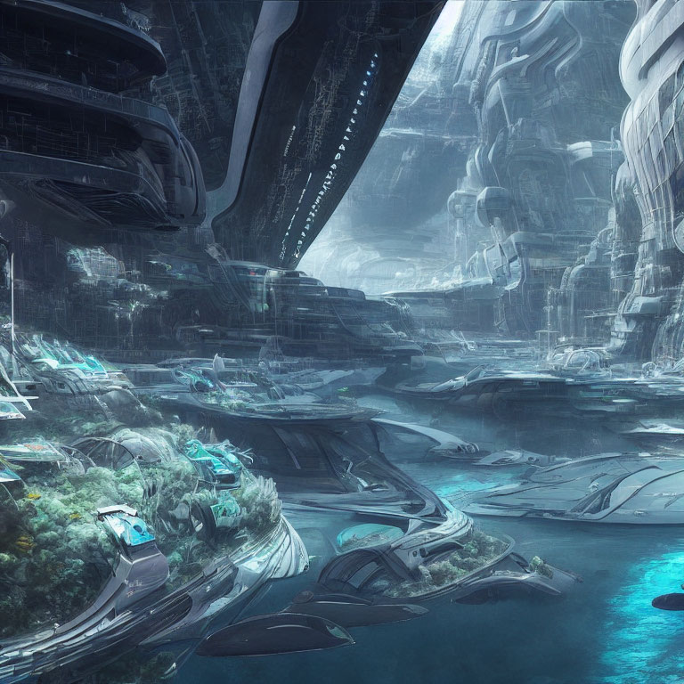 Advanced bioluminescent underwater city with futuristic buildings and vehicles