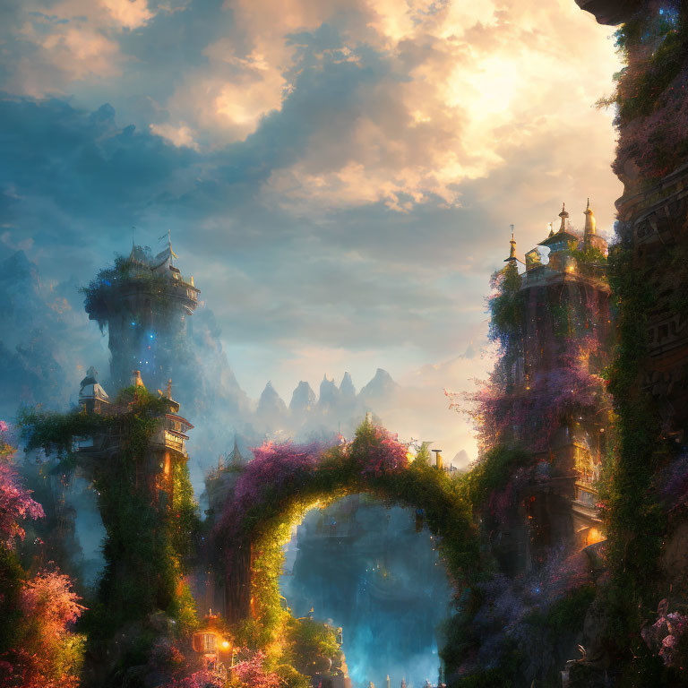 Mystical Towers in Fantasy Mountain Landscape