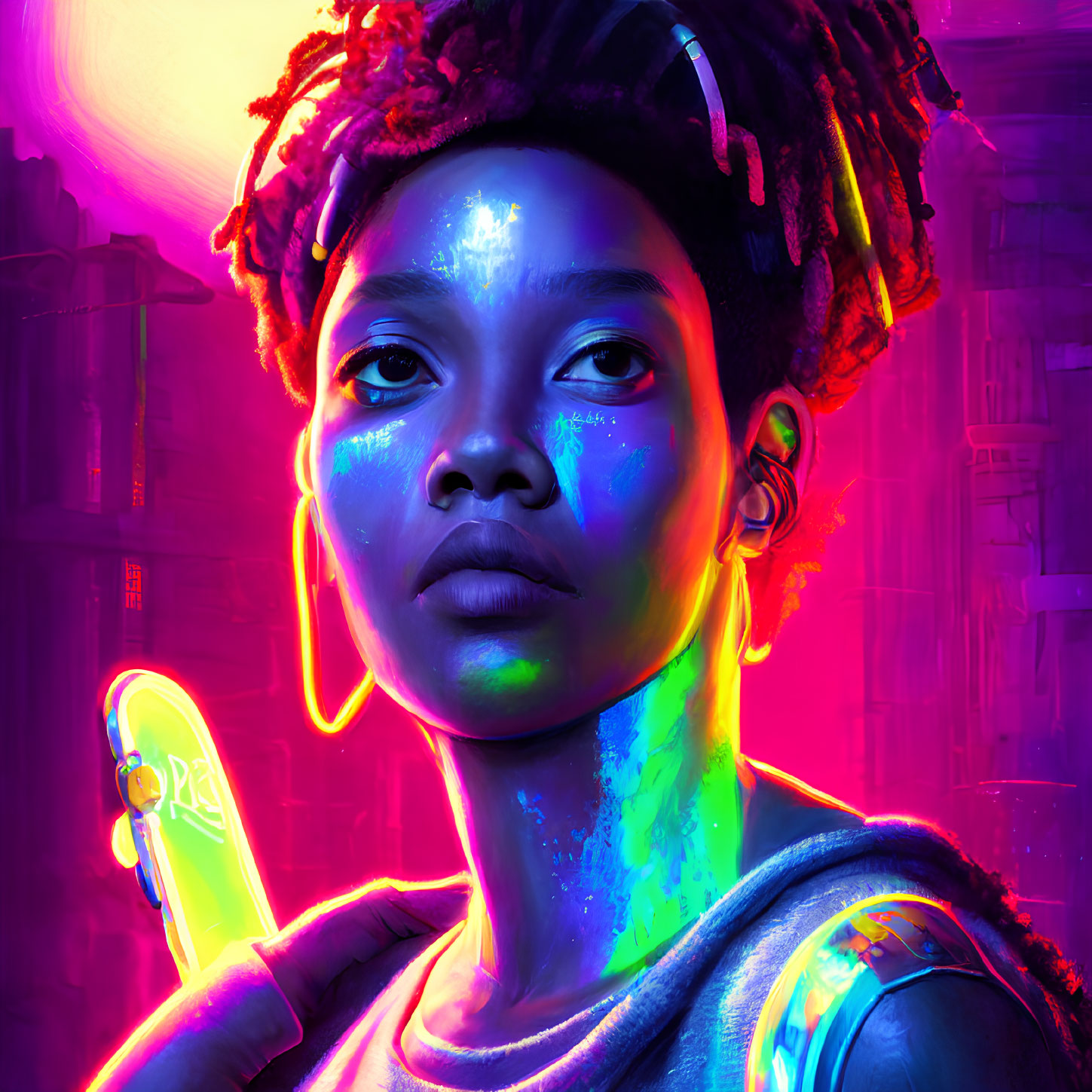 Colorful digital portrait with neon lights reflecting on person's face and urban background