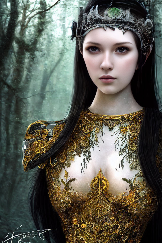 Elven woman in mystical crown and golden armor in misty forest