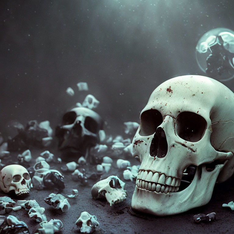 Dark, misty surface with scattered human skulls in various sizes