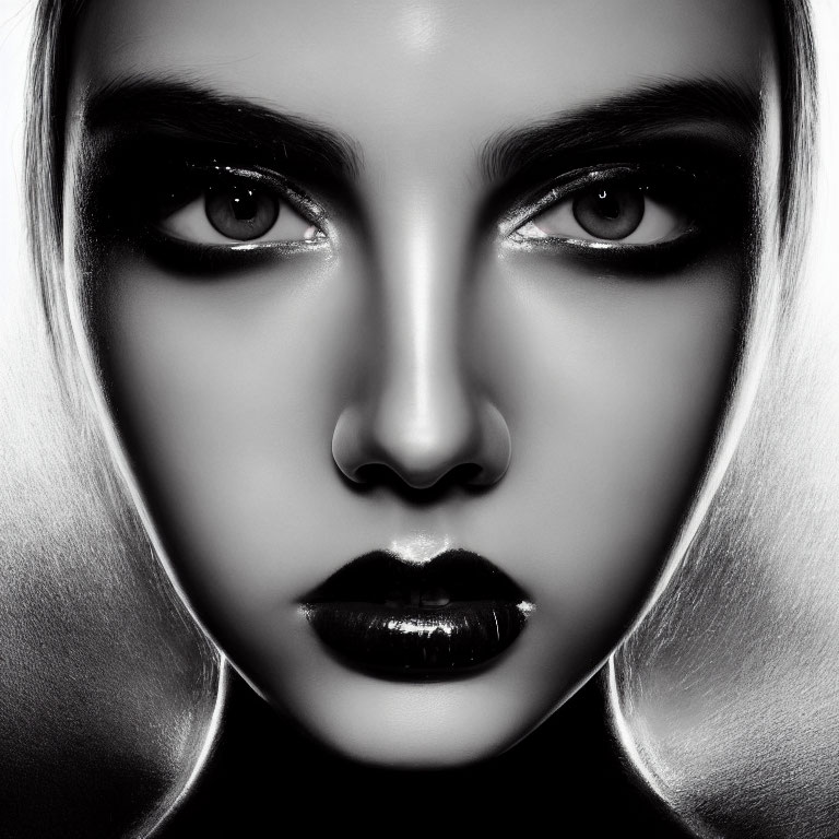 High-contrast monochrome portrait of a woman with dark eyes, bold lips, and slicked-back
