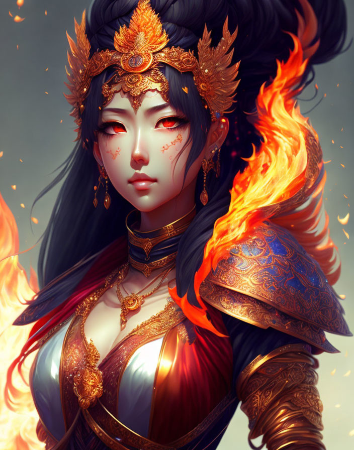 Illustration of female warrior with fiery hair, red eyes, golden headdress, and intricate armor.