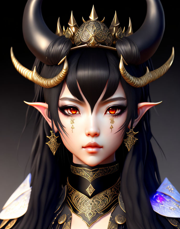 Fantastical character portrait with horns, gold jewelry, and red eyes
