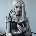 Female cyborg with robotic arm and halo light on gray background