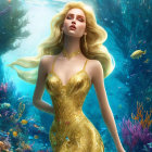 Blonde woman in gold dress in vibrant underwater scene