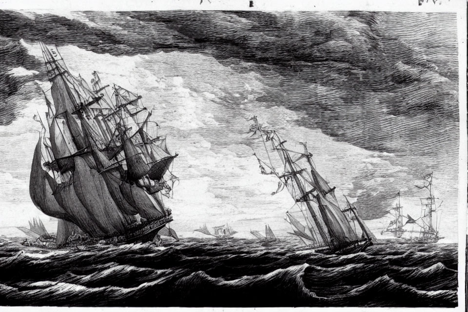 Historic naval scene with large ships on rough sea