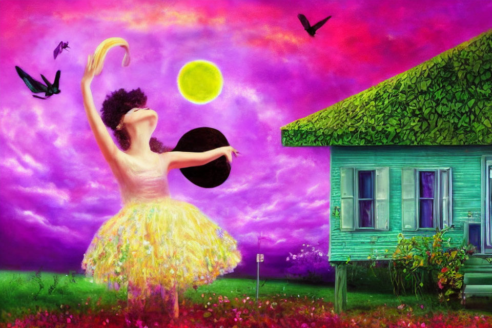 Bird-like figure in yellow tutu playing near ivy-covered house under purple sky