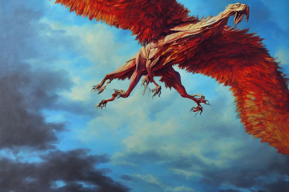 Majestic red dragon flying in vivid blue sky
