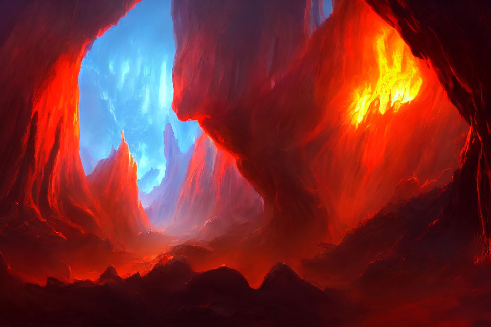 Vibrant glow of molten lava in cavernous landscape