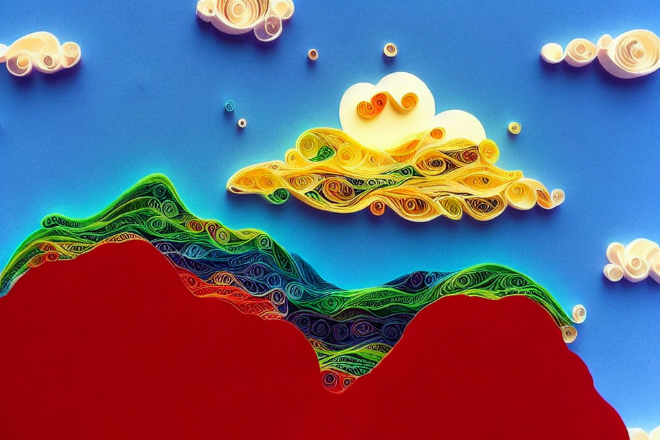 Colorful Quilling Paper Art: Hills, Blue Sky, Whimsical Clouds