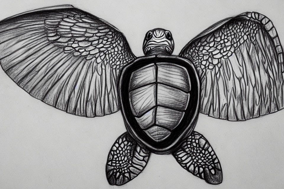 Detailed pencil sketch of a sea turtle with shaded flippers, shell, and head.