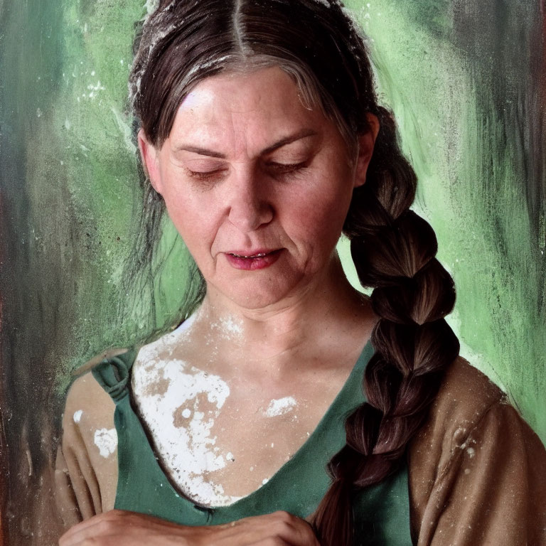 Distressed woman with long braid in green top, surrounded by white stains