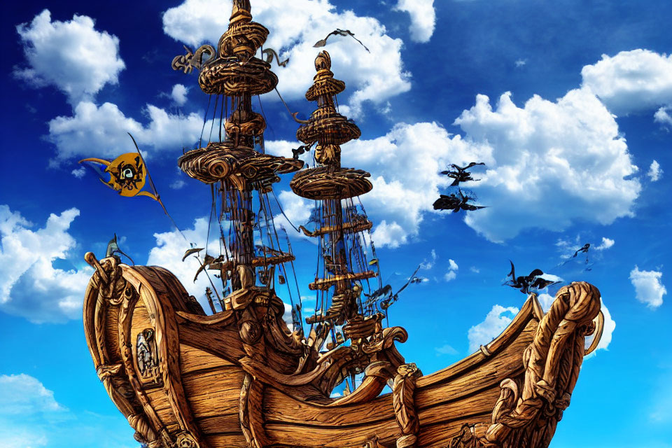 Ornate wooden flying ship with smaller aircraft in blue sky
