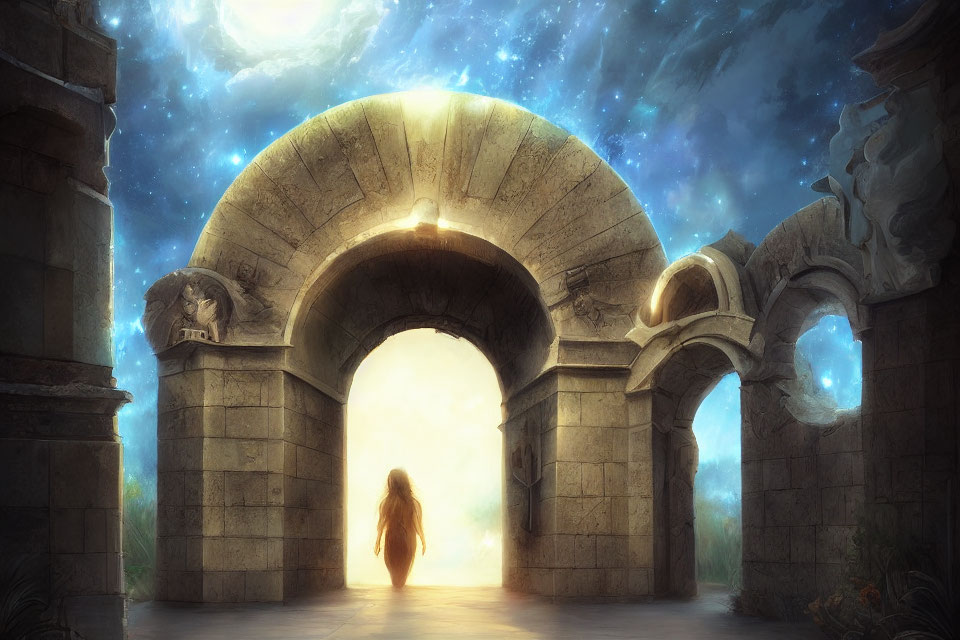 Figure in front of ancient archway under starry sky and glowing orbs