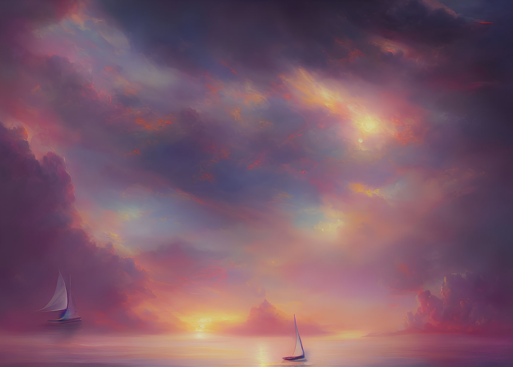 Sailboats on serene sea under vibrant sunset sky
