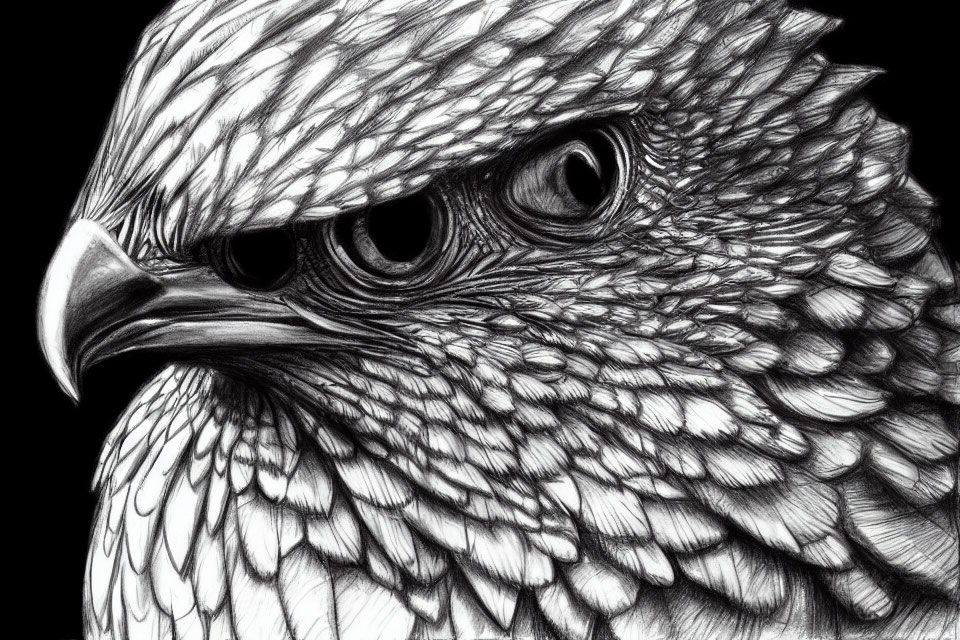 Detailed pencil sketch of eagle's head: intricate feather texture, intense gaze.