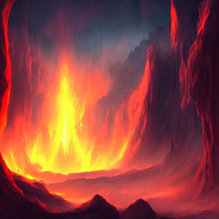 Vivid Illustration: Fiery Volcanic Landscape with Molten Lava Flow