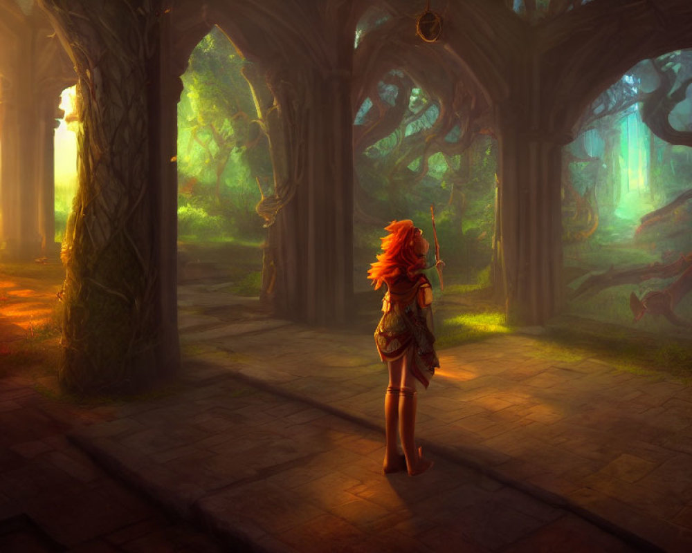 Red-Haired Figure in Sunlit Forest Clearing surrounded by Towering Trees