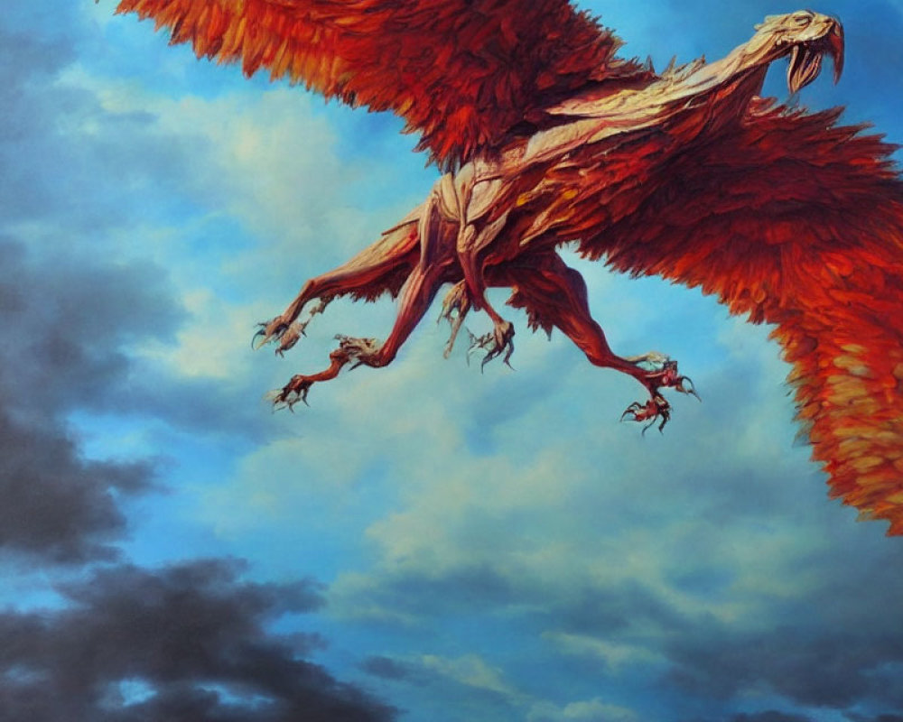 Majestic red dragon flying in vivid blue sky