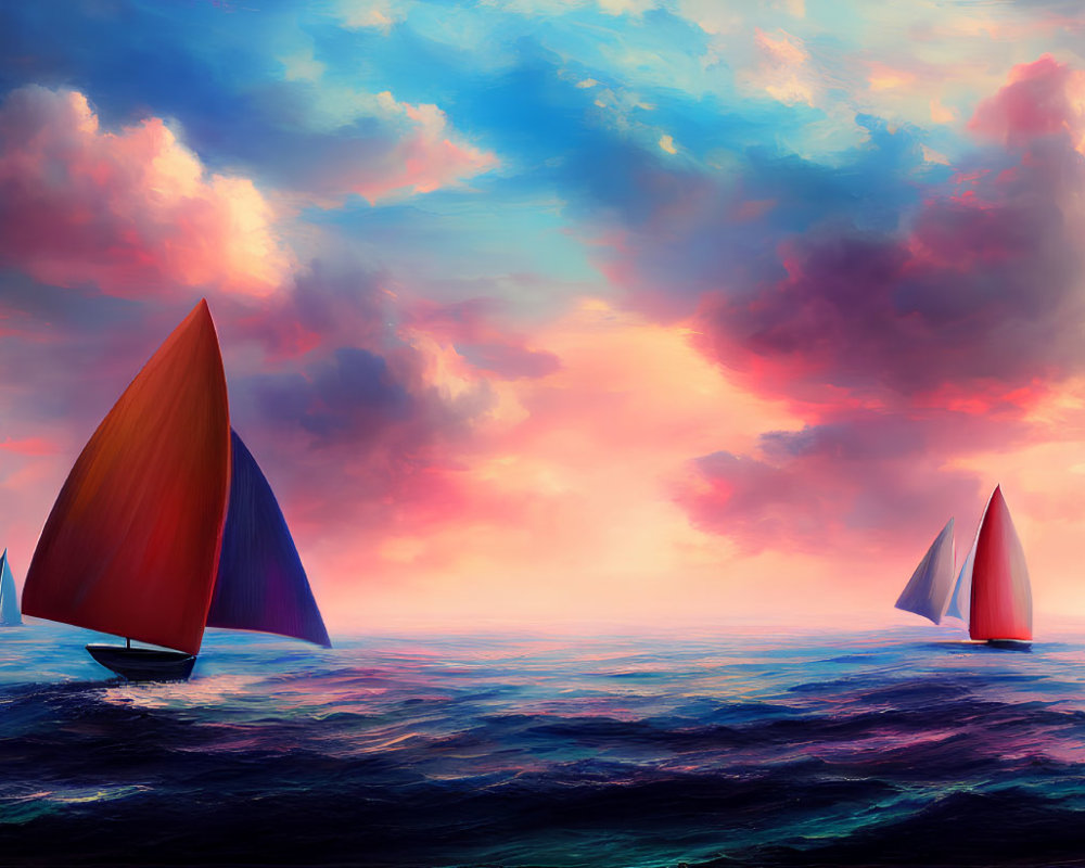 Colorful sailboats on stormy sea at sunset