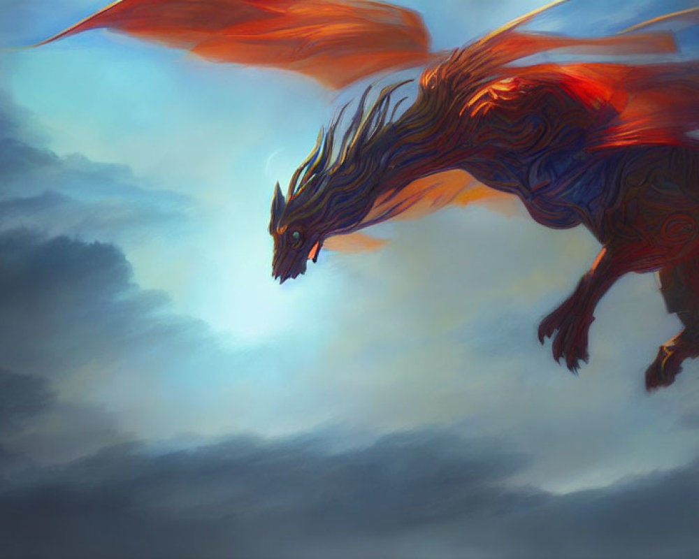 Majestic dragon with fiery orange wings flying in blue sky