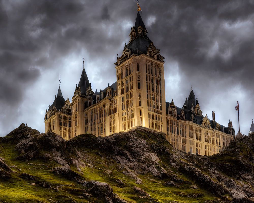Majestic Gothic-style castle on rugged hill under dramatic sky