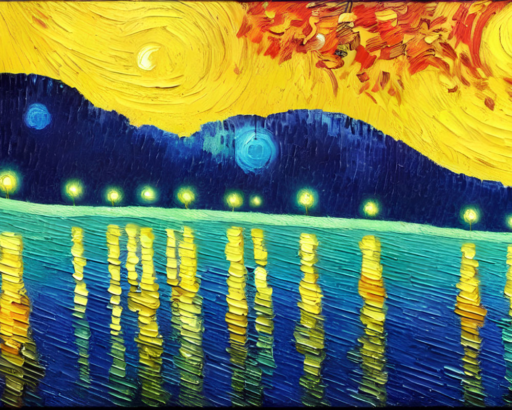 Colorful painting of swirling yellow and blue sky over dark hills and cypress trees at night