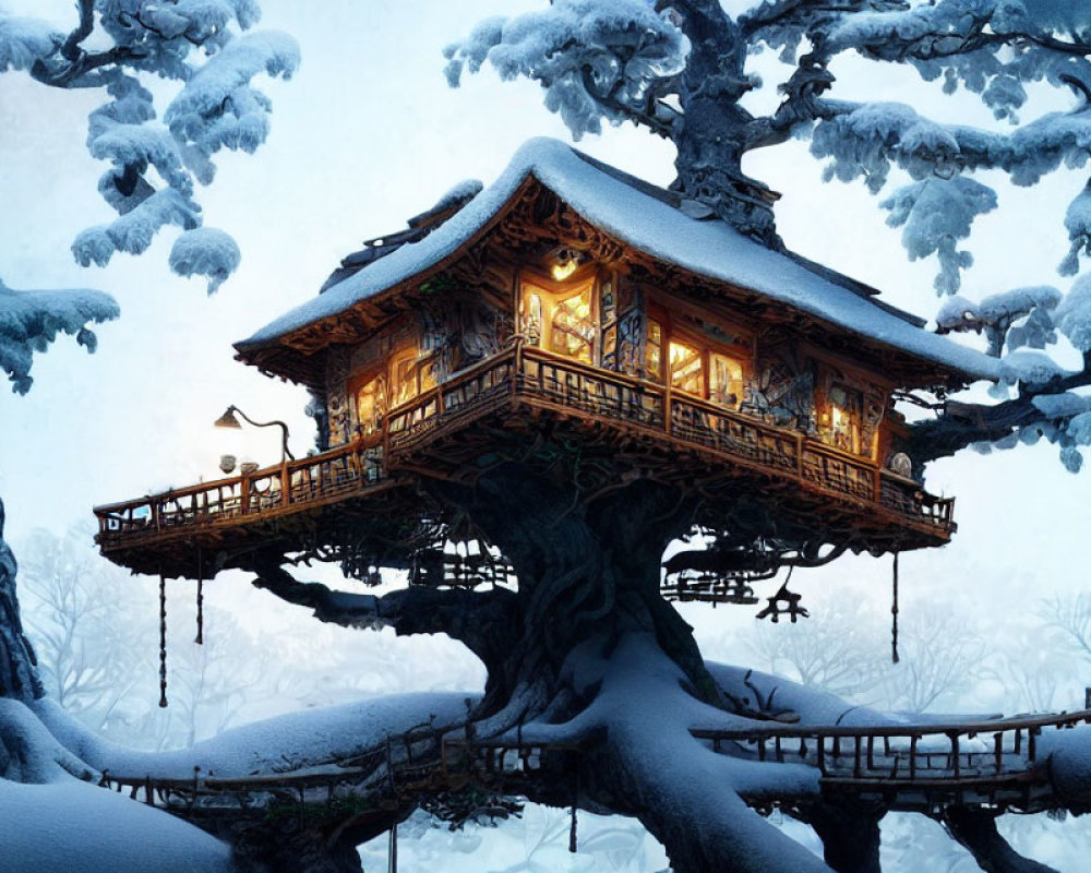Snow-covered treehouse glowing in winter dusk