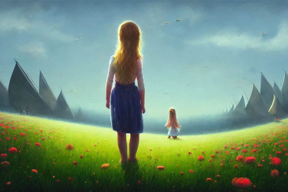 Blonde girl in vibrant meadow with pyramid shapes and flying birds