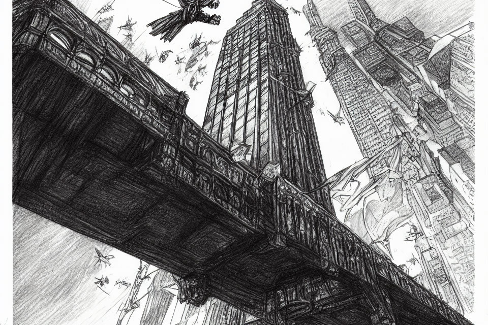 Detailed pencil sketch of a bustling cityscape with a prominent bridge and skyscraper.