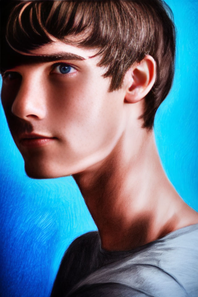 Young man with side profile, blue background, brown hair, blue eyes